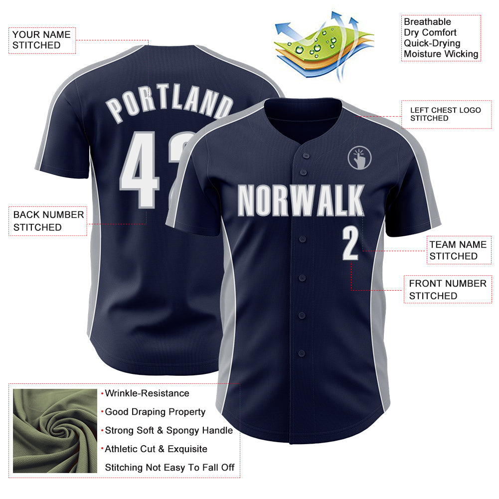 Custom Navy White-Gray Classic Color Block Side Panel Stripe Authentic Baseball Jersey