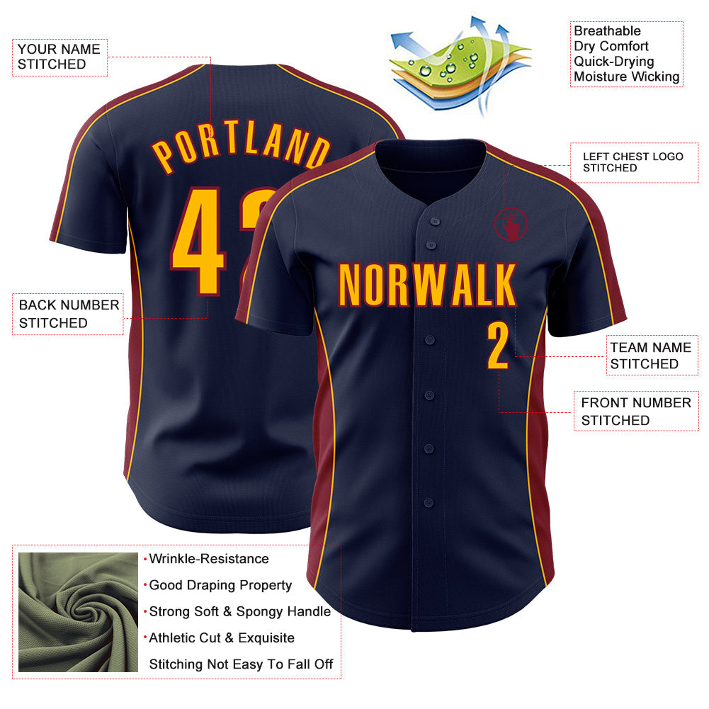 Custom Navy Gold-Crimson Classic Color Block Side Panel Stripe Authentic Baseball Jersey