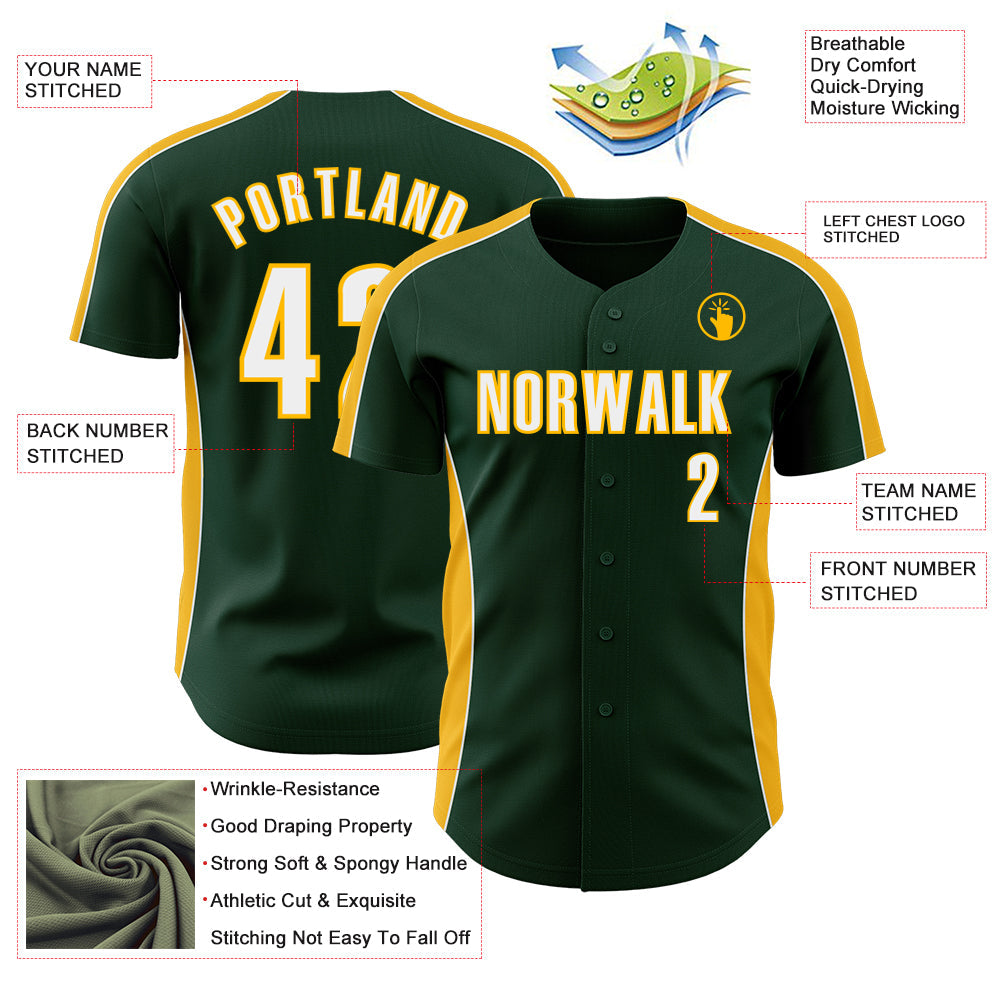 Custom Green White-Gold Classic Color Block Side Panel Stripe Authentic Baseball Jersey