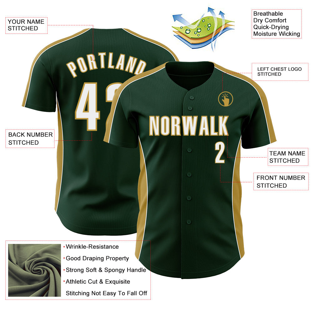 Custom Green White-Old Gold Classic Color Block Side Panel Stripe Authentic Baseball Jersey
