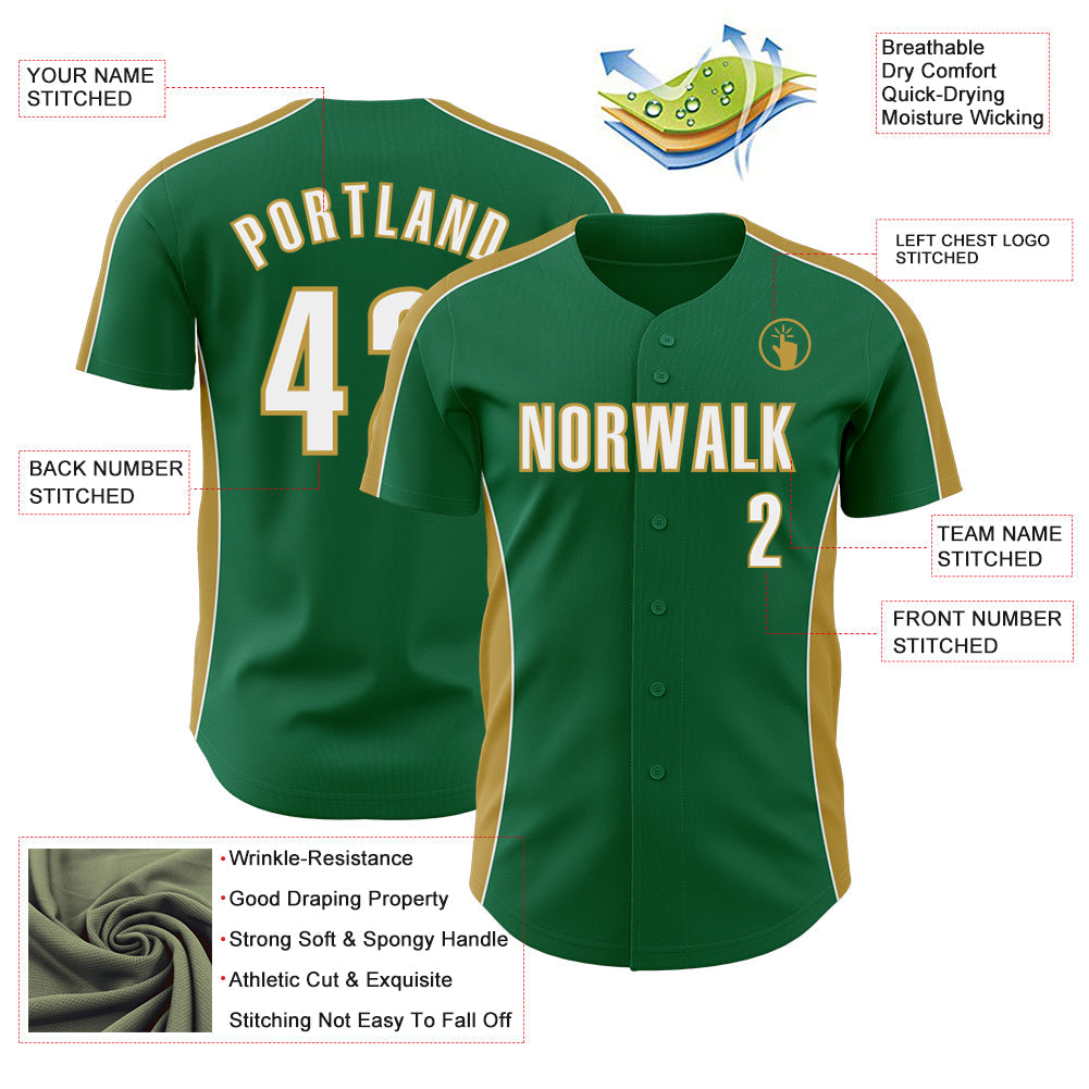 Custom Kelly Green White-Old Gold Classic Color Block Side Panel Stripe Authentic Baseball Jersey