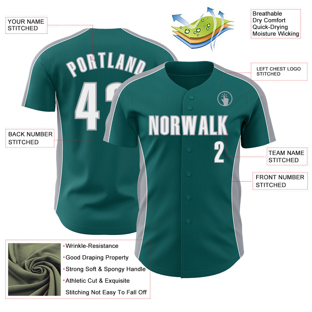 Custom Teal White-Gray Classic Color Block Side Panel Stripe Authentic Baseball Jersey