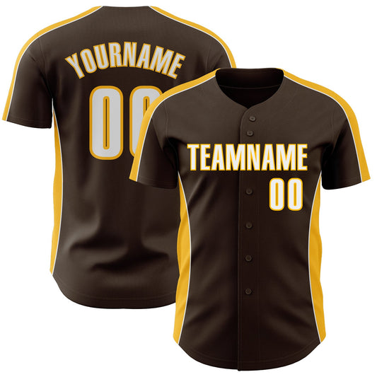 Custom Brown White-Gold Classic Color Block Side Panel Stripe Authentic Baseball Jersey