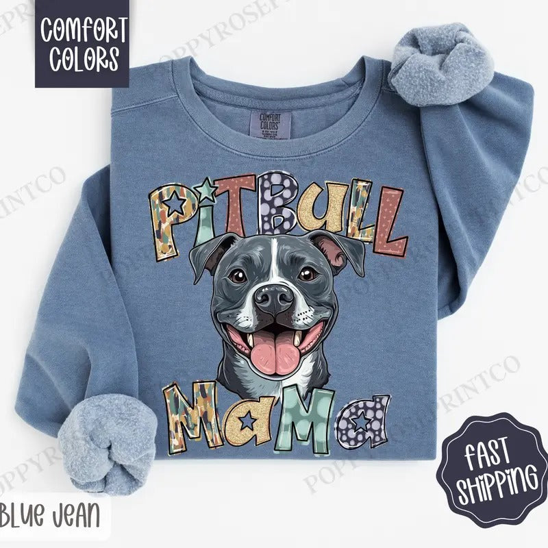 Pitbull Mama Comfort Colors Sweatshirt, Mama Women's Crewneck, Cute Dog Mom Women's Sweater
