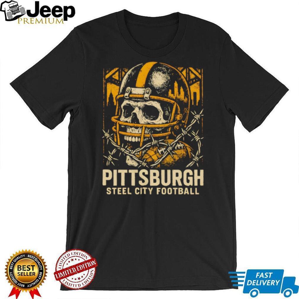 Pittsburgh Steel City Football Skull Helmet Barbed Wire Vintage Game Day T Shirt