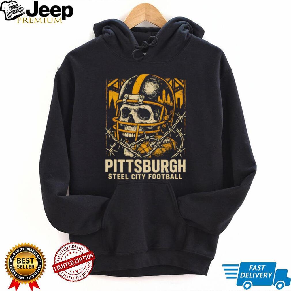 Pittsburgh Steel City Football Skull Helmet Barbed Wire Vintage Game Day T Shirt