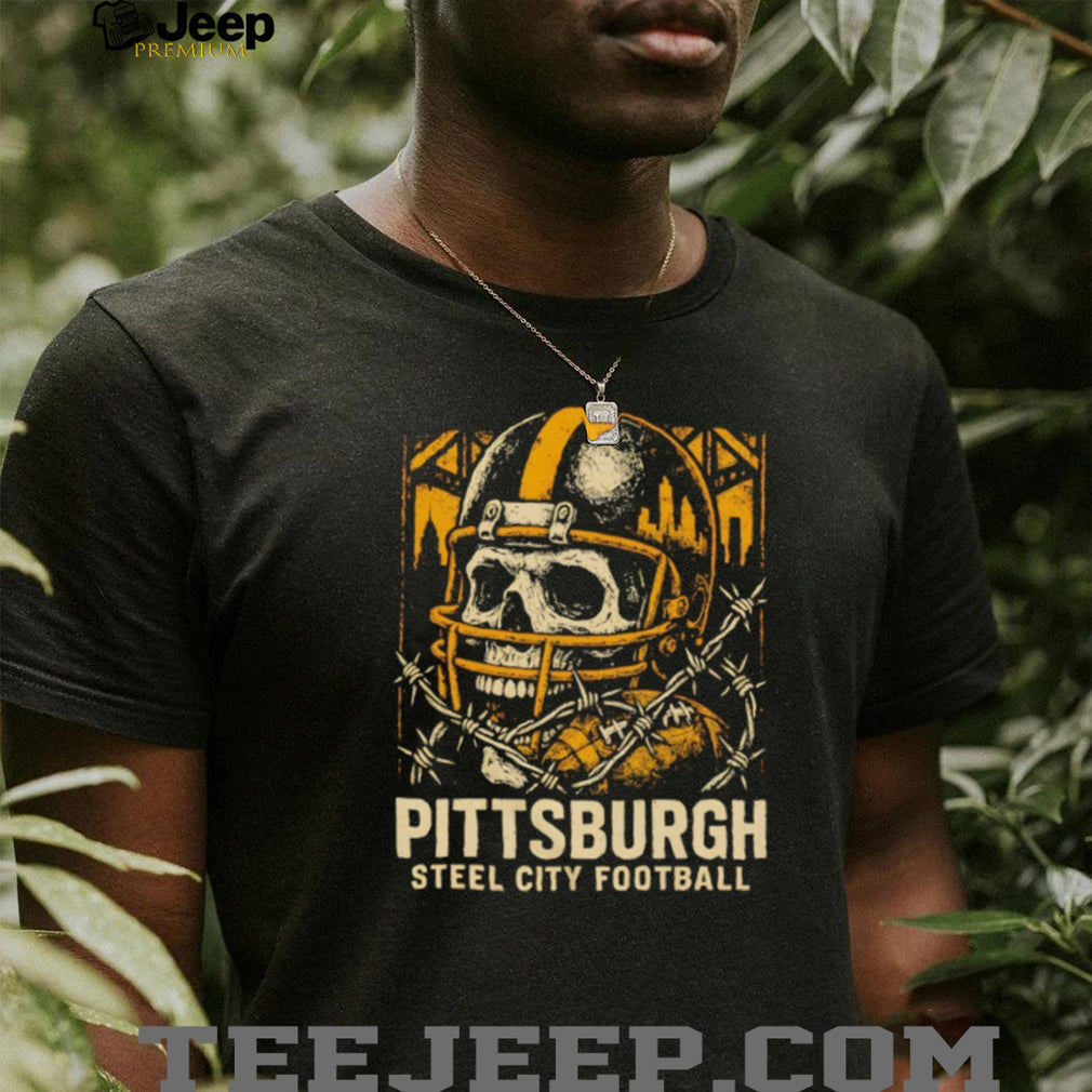 Pittsburgh Steel City Football Skull Helmet Barbed Wire Vintage Game Day T Shirt