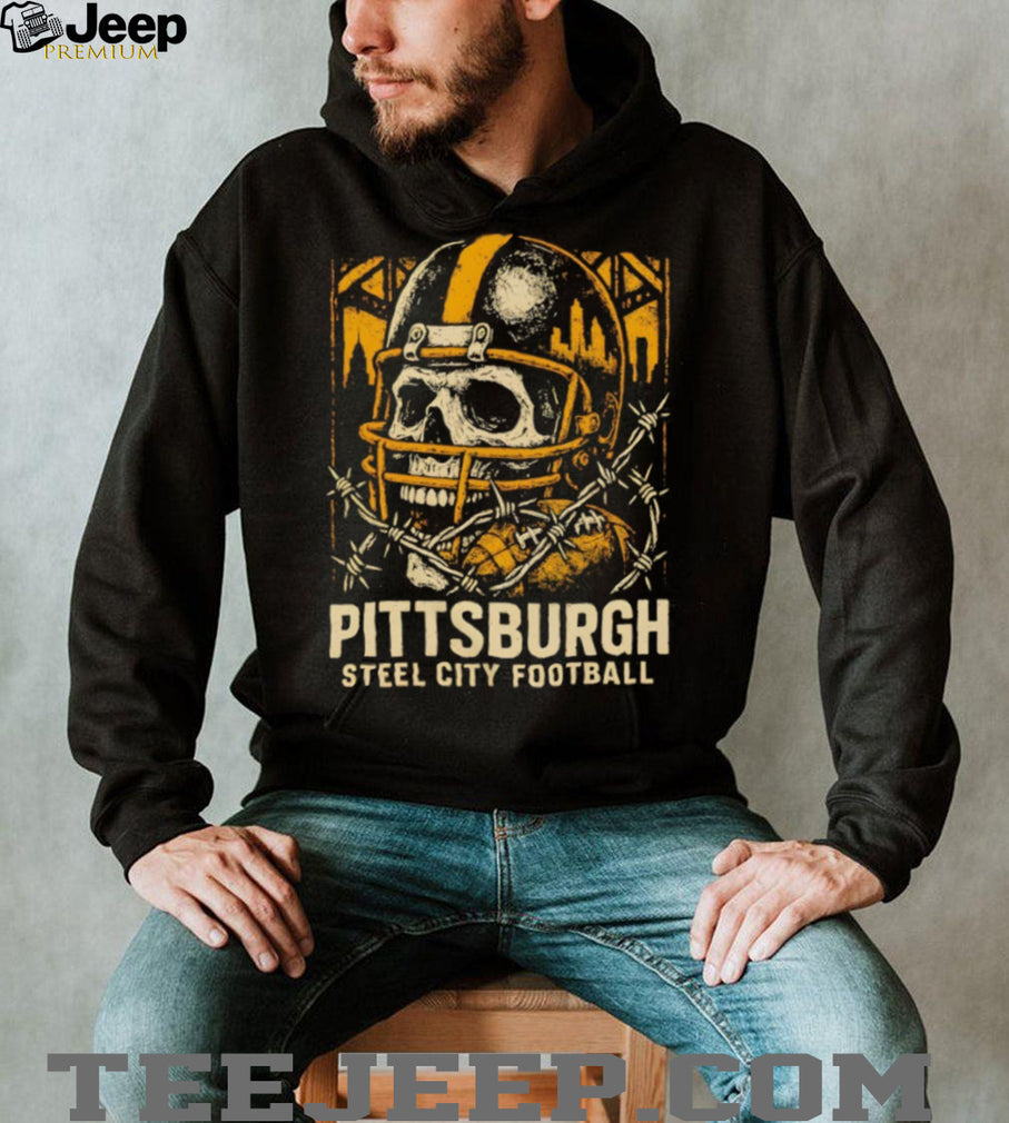 Pittsburgh Steel City Football Skull Helmet Barbed Wire Vintage Game Day T Shirt