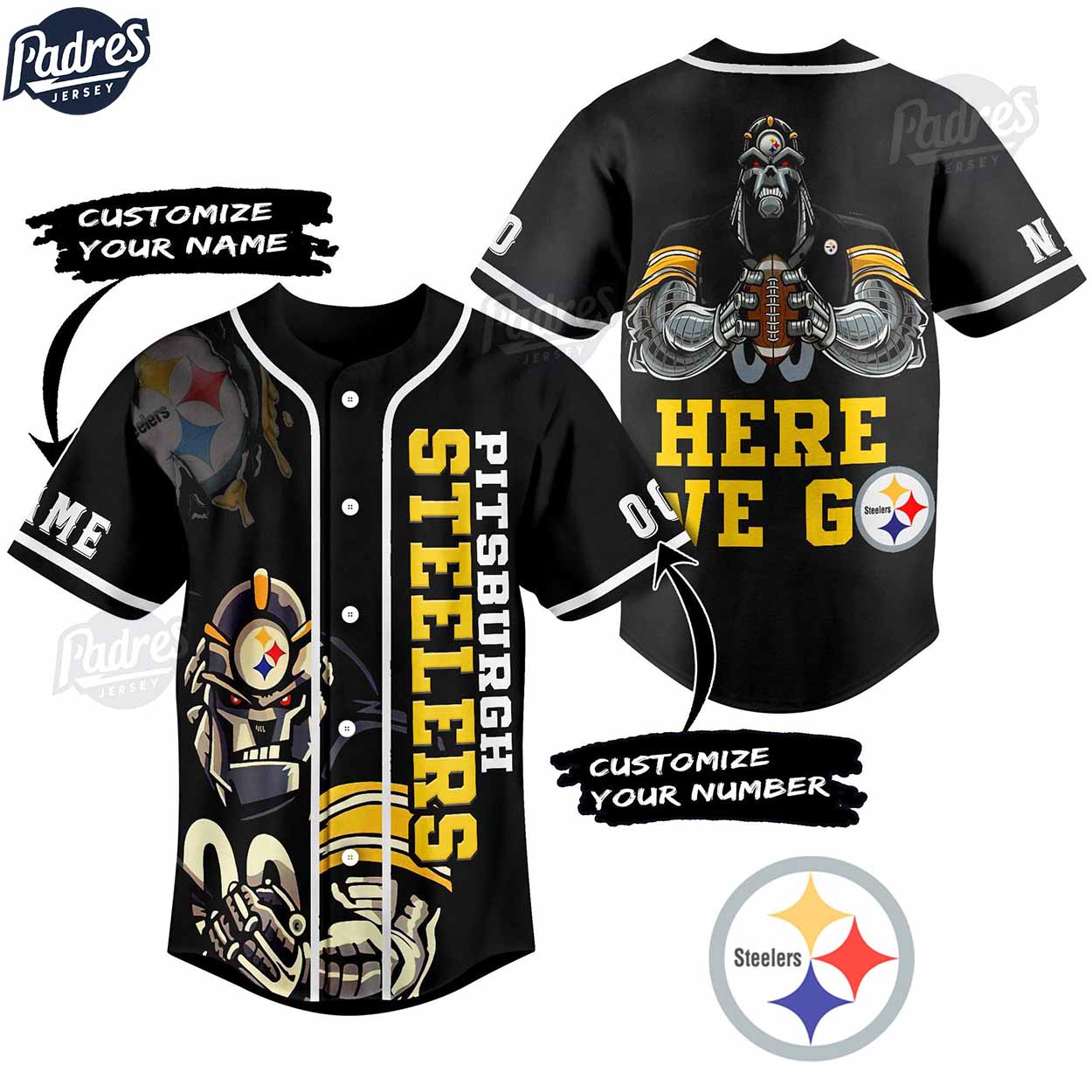 Pittsburgh Steelers Here We Go Baseball Jersey Outfit - Custom Name - Padres Jersey Oasis: Elevate Your Baseball Style Game
