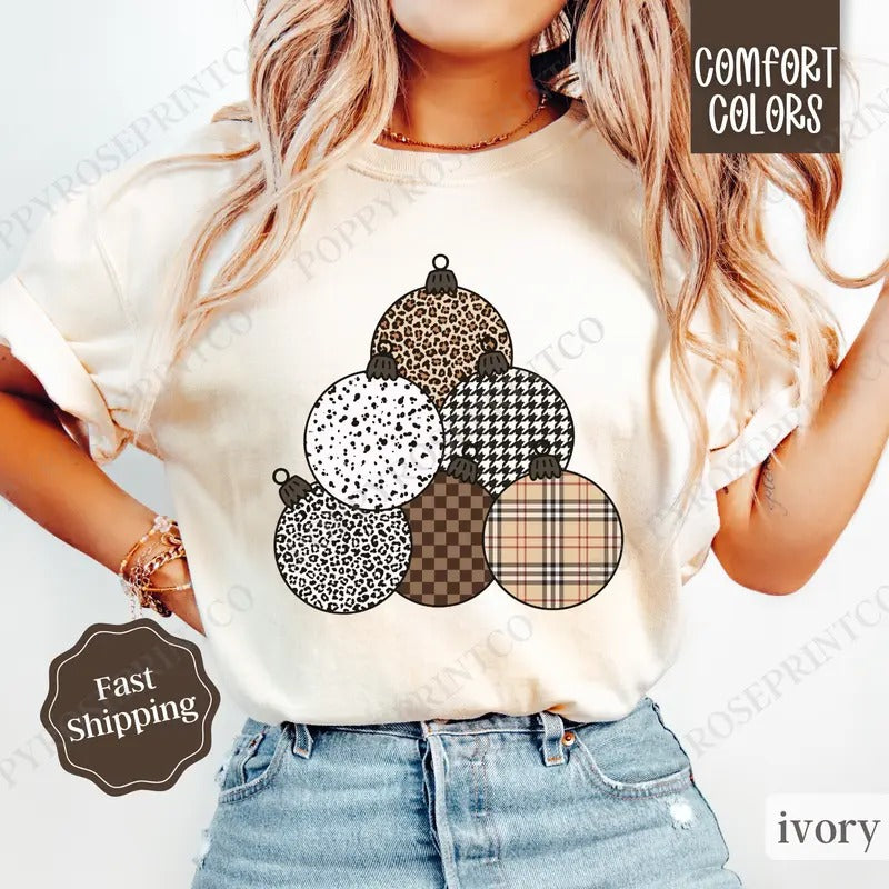 Plaid Christmas Ornament Shirt, Preppy Christmas Tee,  Womens Holiday Tshirt