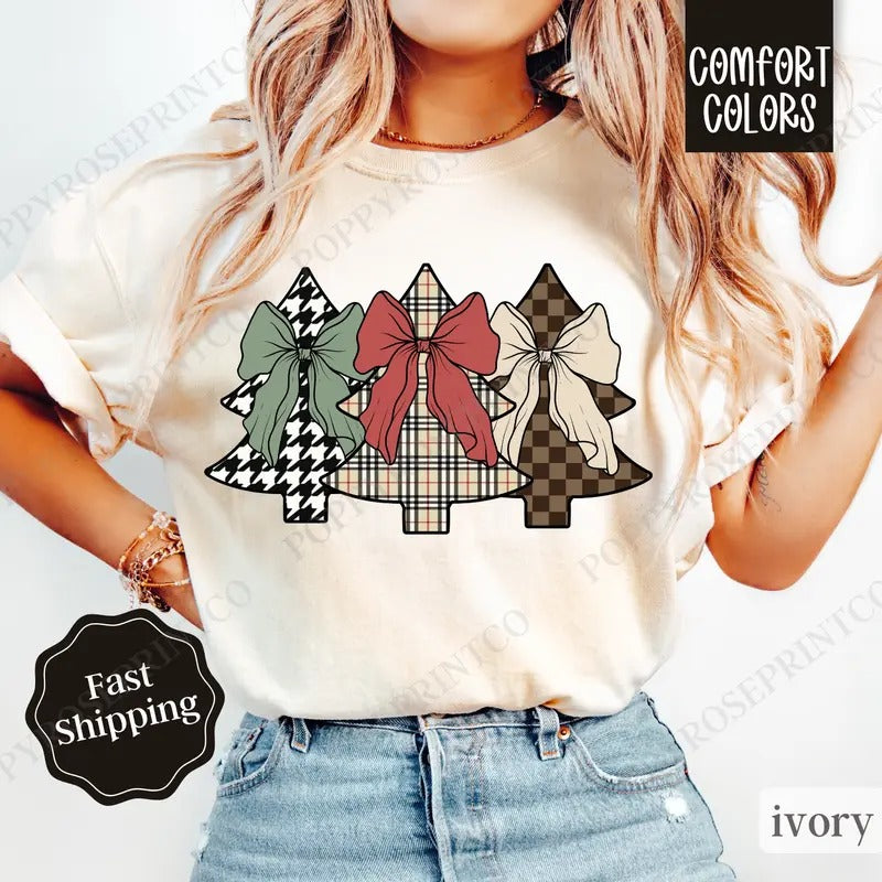 Plaid Christmas Tree Shirt, Preppy Christmas Tee,  Womens Holiday Tshirt