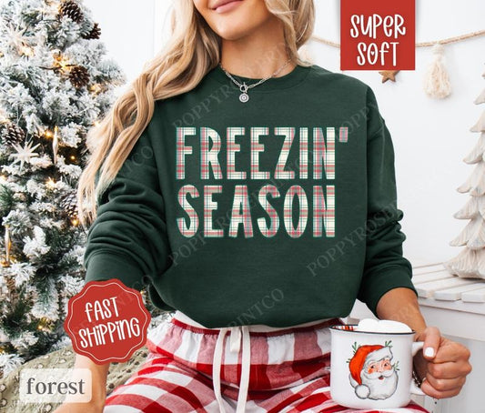 Plaid Freezin' Season Sweatshirt, Cute Women's Crewneck, Winter Women's Sweater T-Shirts, Hoodie | WearSparks.com