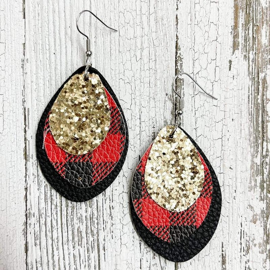 Plaid Gold Layered Glitter Christmas Earrings