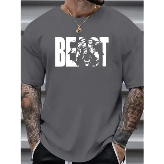 Plus Size Beast Print Casual Tee - Breathable, Comfy, Short Sleeve Summer T-Shirt for Men - Relaxed Fit, Soft Fabric, Vibrant Graphic PrintMade in USA