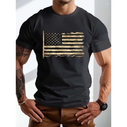 Plus Size Mens Casual Summer T-Shirt - Slight Stretch Crew Neck Geometric Flag Graphic Print Tee with Machine Washable Polyester Fabric - Big & Tall Guys Daily Life Essentials Made in USA