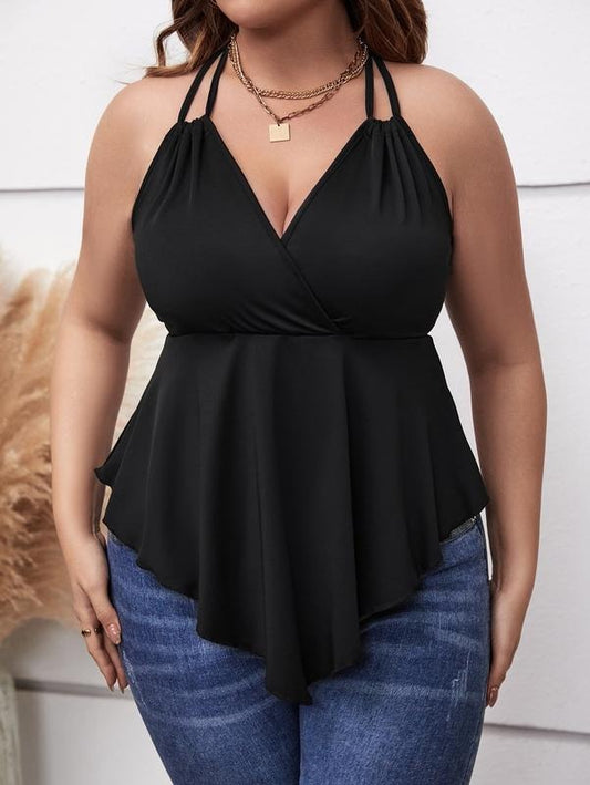 Plus Size V Neck Sleeveless Backless Asymmetrical Hem Halter Cami Tank TopsY2K