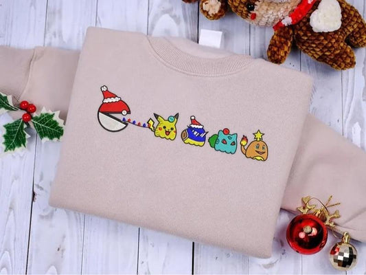 Pokemon Embroidered Sweatshirt, Pokemon Christmas Embroidered,  Anime Character Embroidered Sweatshirt, Anime Sweatshirt, Anime Embroidered Sweatshirt, Embroidered Crewneck Sweater, Embroidered Gift