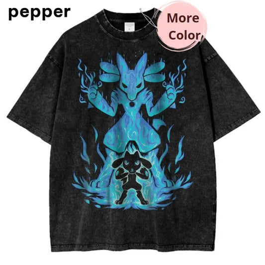 Pokemon Lucario Riolu Vintage Tee, Anime Shirt for Fans, Anime Graphic Tee, Vintage T-Shirt Menswear Top Underwear Tshirt Shortsleeve Women