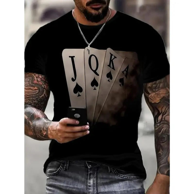 Poker printed T-shirt men's casual style summer and autumn slightly elastic round neck T-shirt Made in USA
