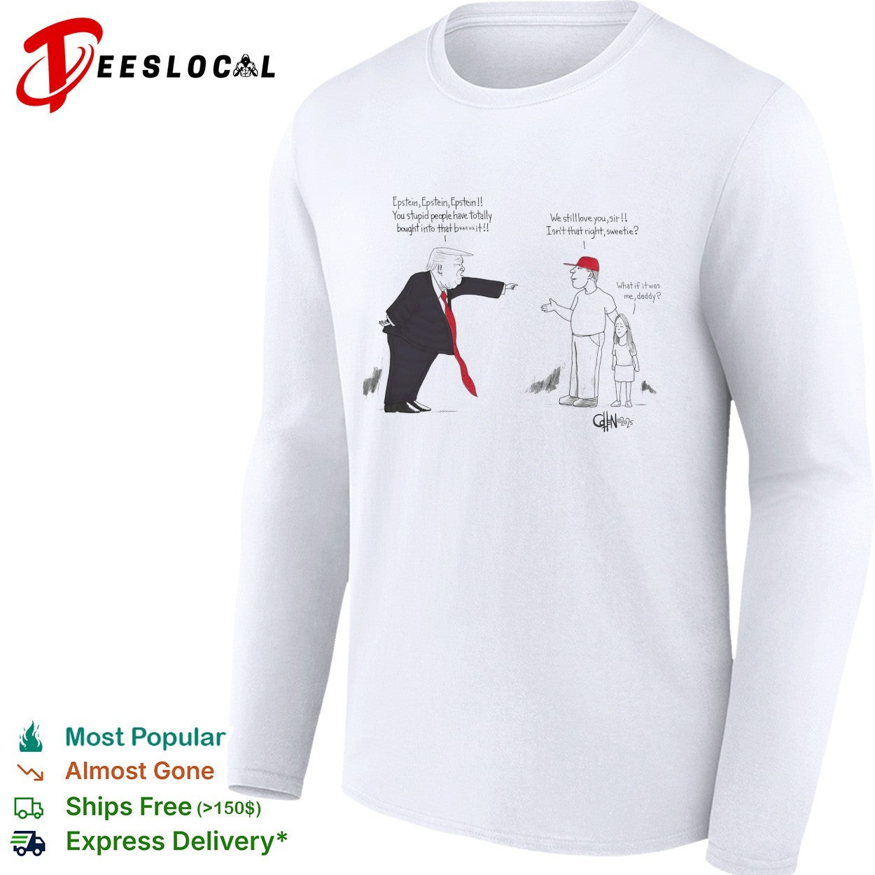 Political cartoon about Epstein and Trump shirt
