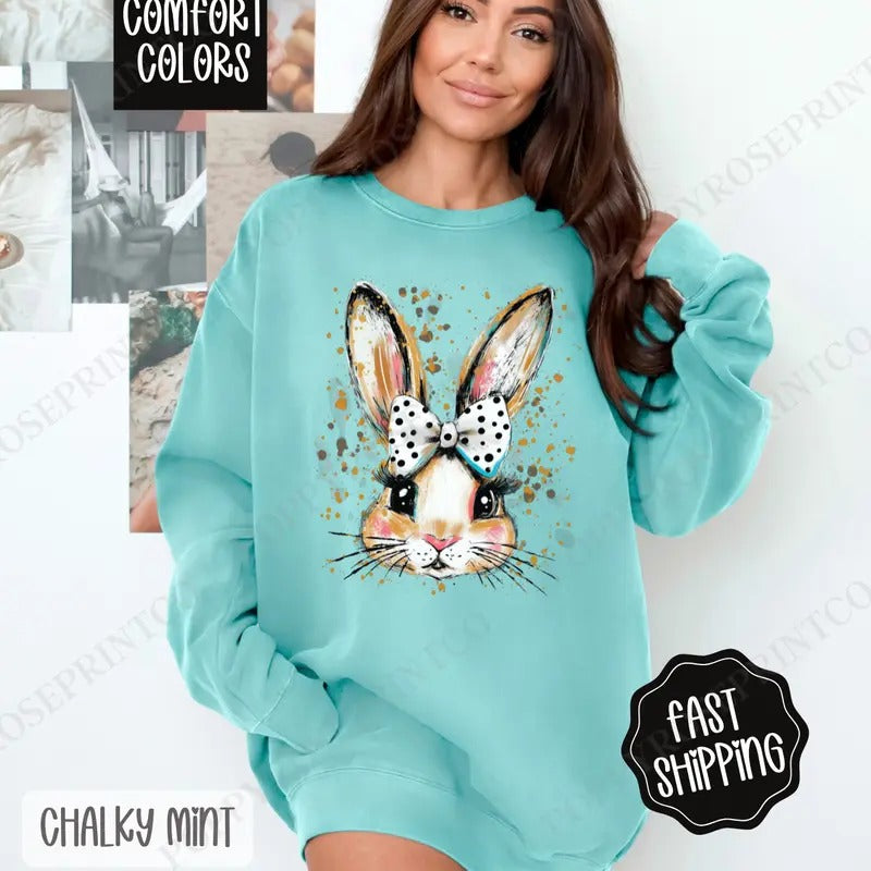 Polka Dot Bow Bunny Comfort Colors Sweatshirt, Cute Easter Women's Crewneck, Trendy Religious Women's Sweater, Gift for...