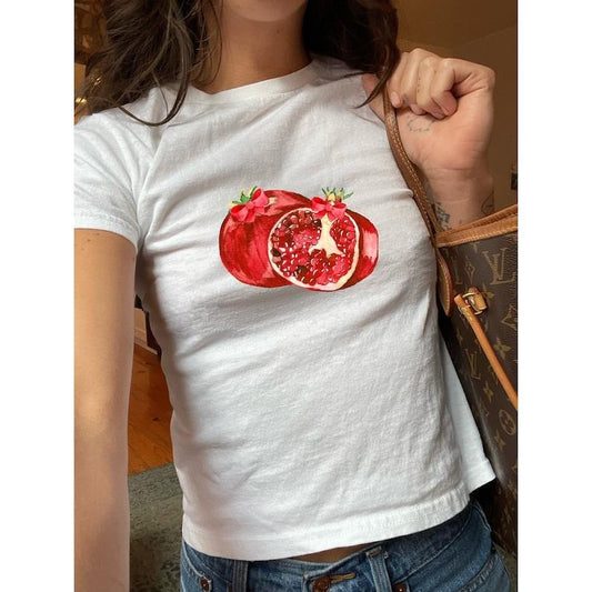 Pomegranate Baby Tee, Y2K Style Crop Top, Coquette Vintage style T-shirt, Fruit Print Design, Girly Girl Top, Summer Graphic Top for Women