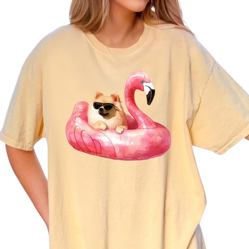 Pomeranian Flamingo Float Dog Shirt ~ Unisex Apparel Relaxed Fit Printed In The USA Clothing Womenswear Casual Comfort Cotton Top Athletic Boho Chic