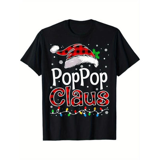 PopPop Claus Christmas T-Shirt for Men, 100% Cotton Casual Round Neck Tee, Festive Print with Christmas Lights, Stretch Fabric, Regular Fit, Holiday Top for Grandpa, S-XXXL Made in USA