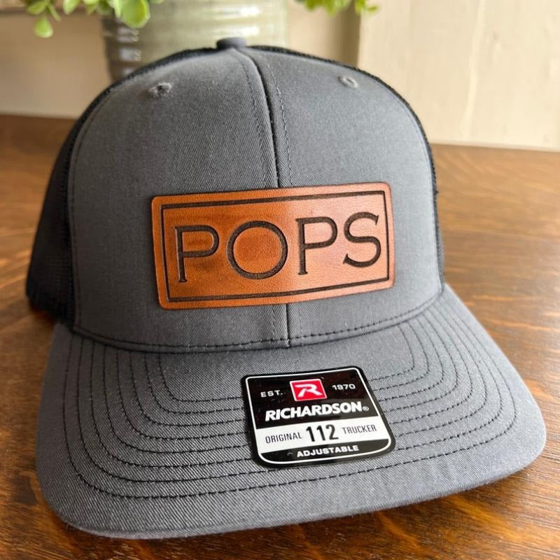 Pops Christmas Hat for Dad. Richardson 112 leather patch trucker hat for Dad. Gift for Pop. Christmas Gift for dad. Dad Hat gift.