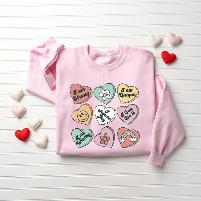 Positive Affirmations Sweatshirt for Women, Retro Heart Design, Ideal for Valentine's Day - Fabric, Cotton T-Shirts, Hoodie