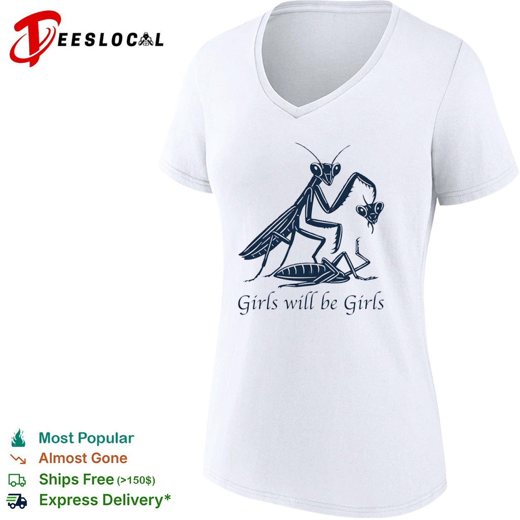 Praying mantis eating head girls will be girls shirt