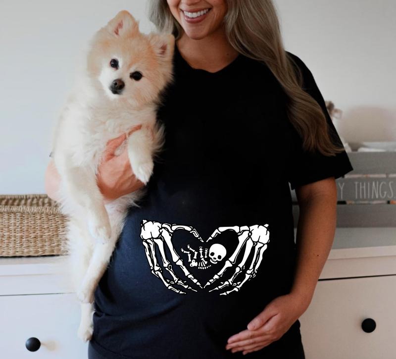 Pregnant Skeleton Halloween T-Shirt, Skeleton Maternity Sweatshirt, Pregnancy Announcement Shirt, Baby Reveal Tee Shirt, Gift For New Mom, Halloween Shirt for Mom To Be