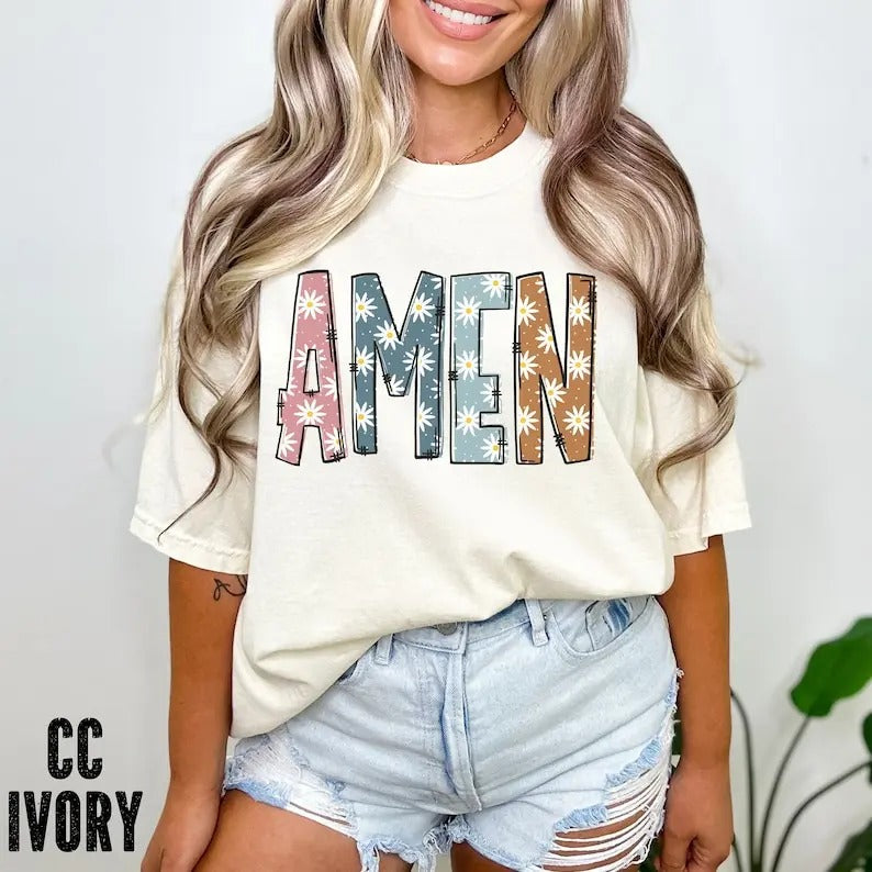 Premium  Boho AMEN Shirt, Inspirational Shirt, Christian Trendy Shirt, Bible Verse Shirt, Religious Shirt, Cute Floral Amen Shirtstyle{n002}2