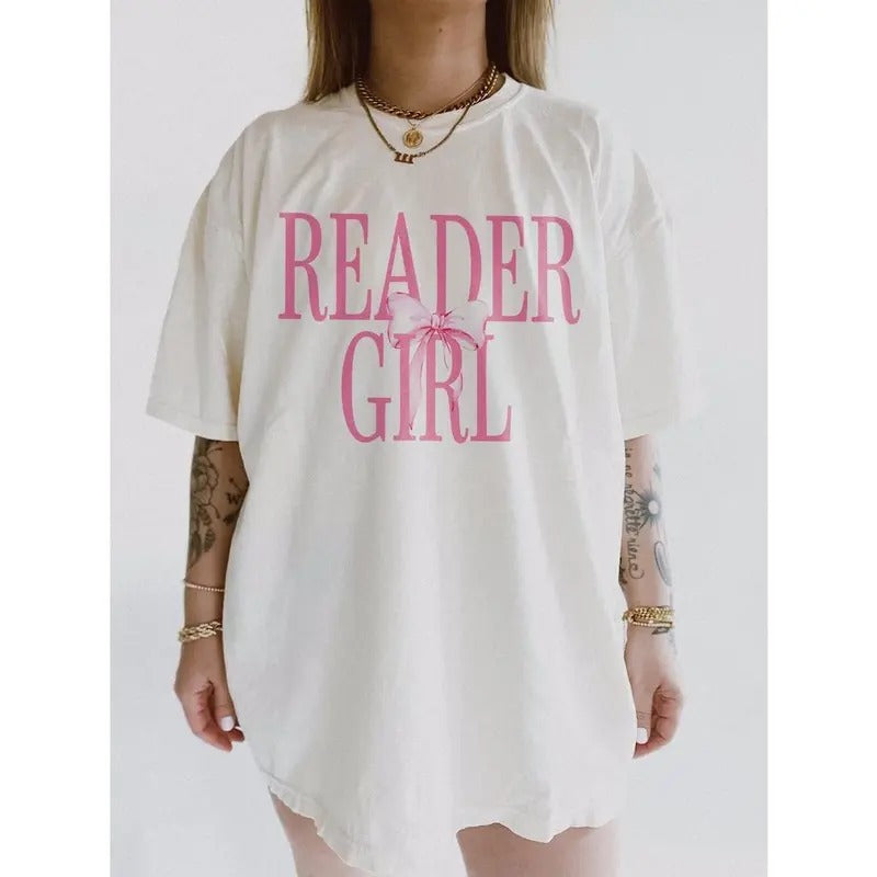 Premium  Reader Girl Shirt | Romance Book Club T-Shirt Pink Bow Sweatshirt For Book Lover Bookish Coquette Crewneck Shirt