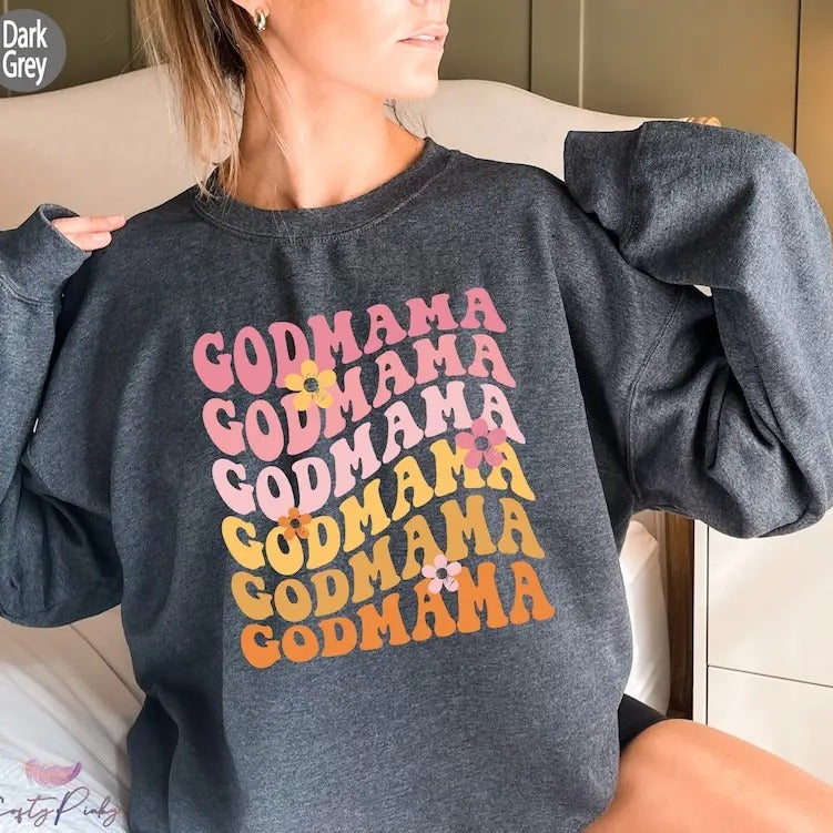 Premium  Retro Godmother Sweatshirt, Cute Godmama Shirt, Trendy Mother's Day Gifts, Mom's Baptism Shirt, Godmother Gifts From Goddaughter