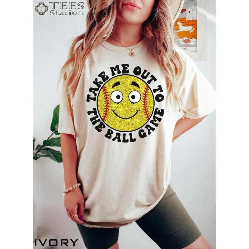 Premium  Take Me Out To The Ball Game Baseball Shirt, Baseball Mom, Baseball Shirts For Women, Girl Baseball Shirt, Smiley Face Baseball Shirt