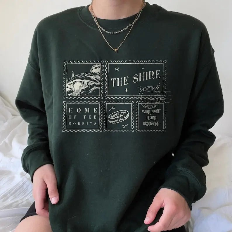 Premium  The Shire Sweatshirt | Distressed Fantasy Merch Tolkien Aragorn Frodo Baggins Elven Elrond The Fellowship Bookish Hoodie Shirt