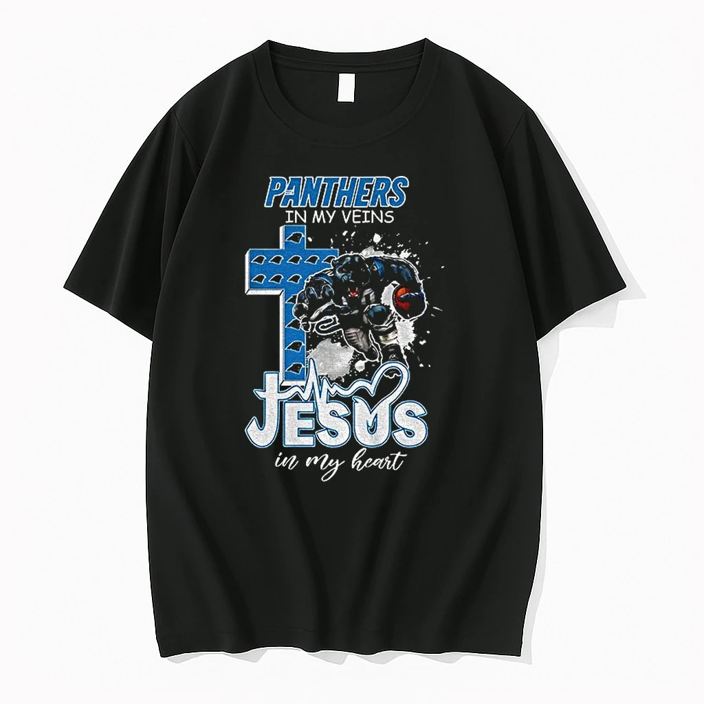 Premium Carolina Panthers Football Athlete Religious Cross Panthers In My Veins Jesus Tshirts