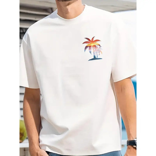 Premium Cotton Short Sleeve Round Neck T-Shirt - Vibrant Beach Sunset Coconut Tree Print, Breathable, Soft, Comfortable, Relaxed Fit for Summer - Creative Casual Wear for Men Made in USA