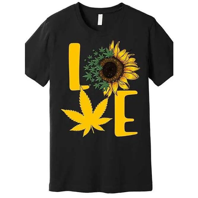 Premium Funny Graphic Love Cannabis Sunflower Men's Short Sleeve T-Shirt - T-Shirts with Humorous Design, Soft Fabric, and Classic Black Color Made in USA