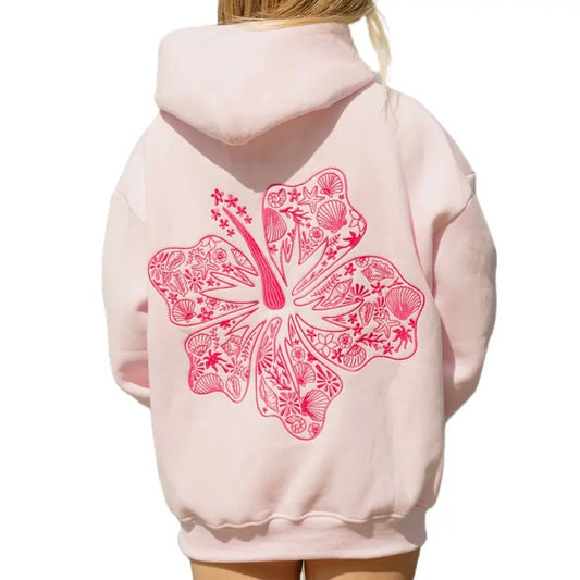 Preppy Embroidery Hibiscus Hoodies for Teen Girls Y2K Women Long Sleeve Oversized Graphic Pullover Sweatshirt Top