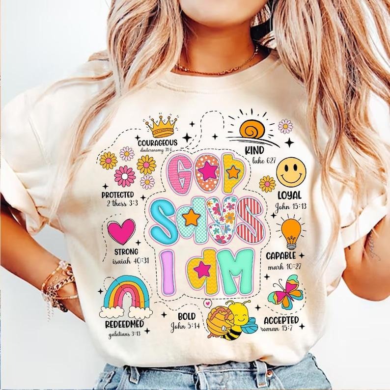 Preppy God Says I Am Everyday Christian Bible Women Jesus Checkered T-Shirt