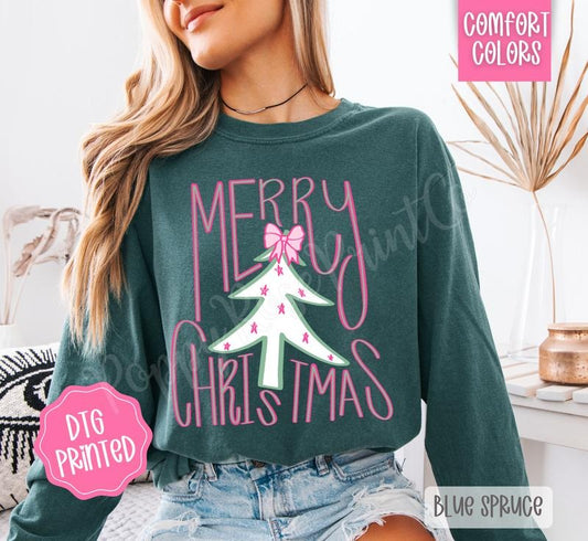Preppy Merry Christmas Comfort Colors Long Sleeve T-Shirt, Cute Women's Holiday Tee