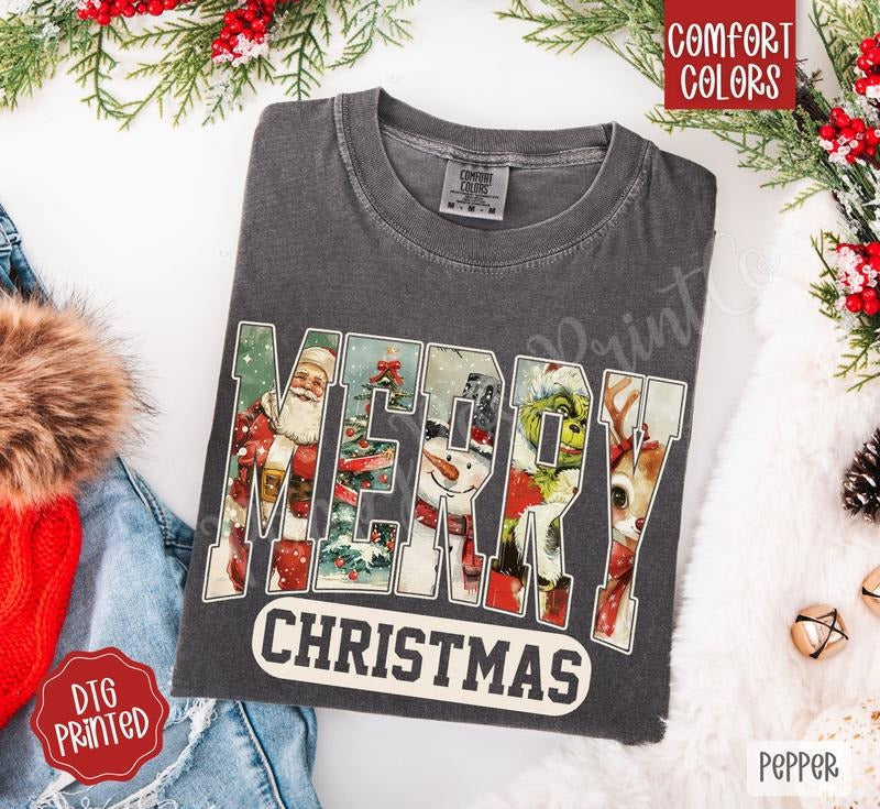 Preppy Merry Christmas Comfort Colors, Trendy Women's Holiday Tshirt style 02
