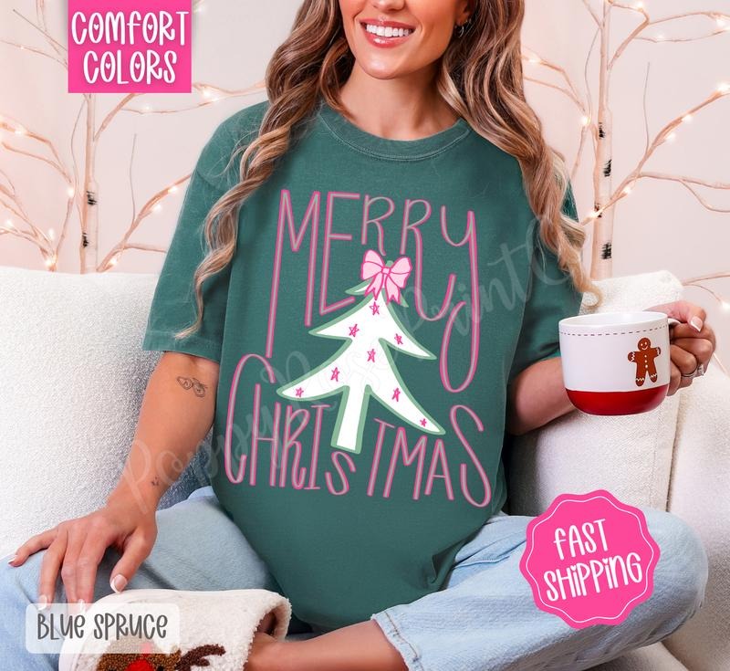 Preppy Merry Christmas Comfort Colors, Trendy Women's Holiday Tshirt