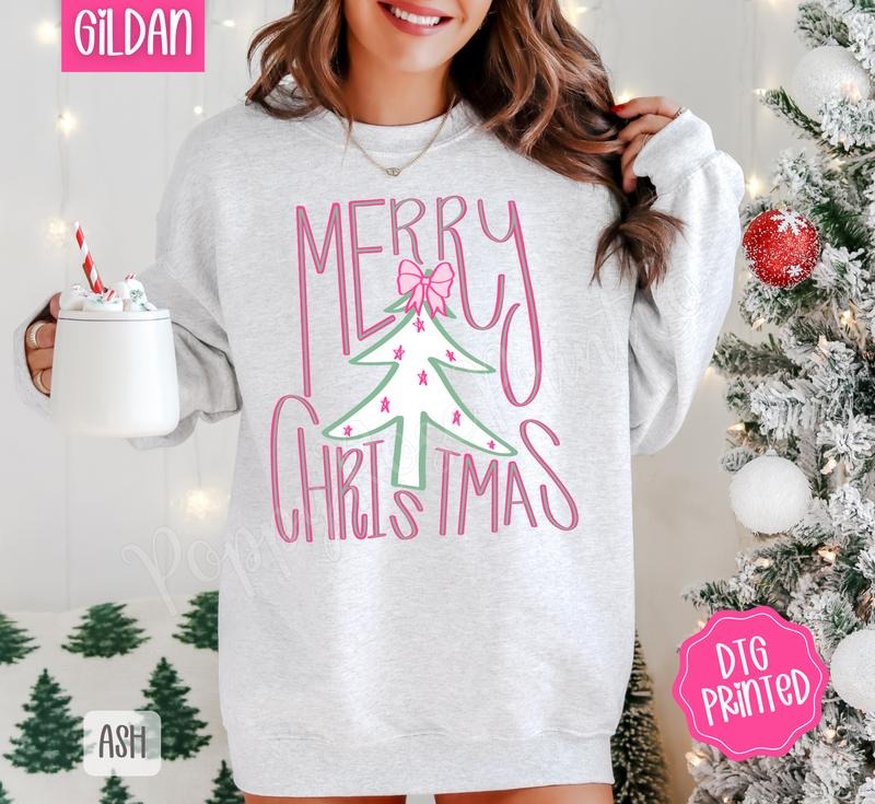 Preppy Merry Christmas Sweatshirt, Trendy Women's Holiday Crewneck