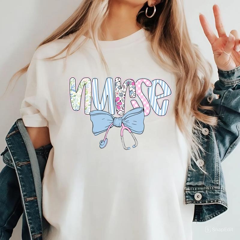 Preppy Nurse Floral Coquette Shirt, Nurse Blue Floral Shirt, Stethoscope Bow, Checkered Nurse, Nurse Week Shirt, Nursing Shirt, Nursing School Tee, Cute Nurse Tee, Gift For Nurse