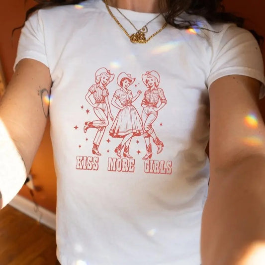 Pride Baby Tee, Kiss More Girls, Queer Y2K Baby Tee, Femboy Clothing, 90s Baby Tee Collar Cotton