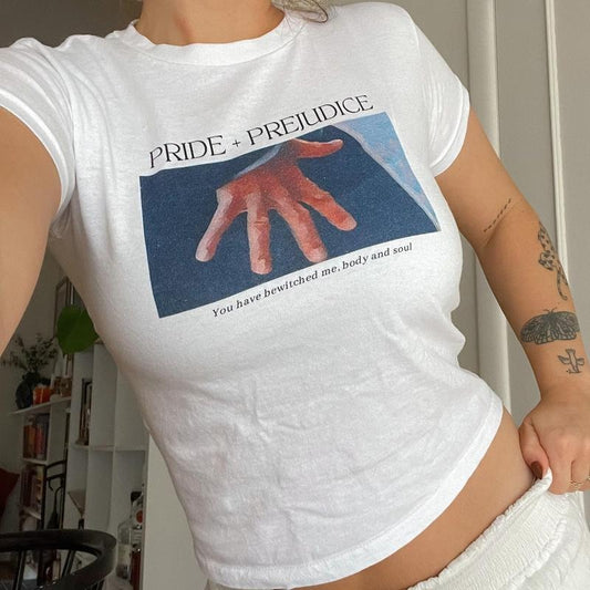 Pride and Prejudice Hand Flex Scene Y2K Baby Tee, Mr Darcy Hands Bookish Graphic Shirt, Classic Literature Gift, Retro Book Lover, Iconic Quotes