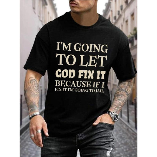 Print: "Let God solve" short sleeve T-shirt, men's casual T-shirt, summer daily wear, comfortable and breathable, not pick the figure Made in USA